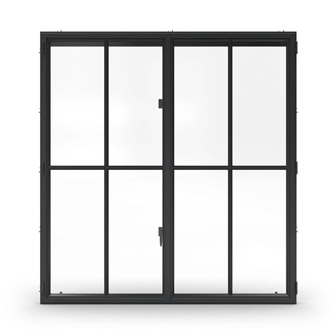 Euroline Thermal Steel outswing French casement window in carbon black, shown on white.