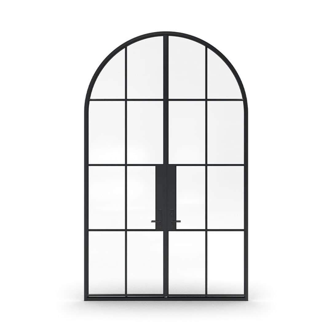 Euroline True Steel arched inswing French door in carbon black, shown on white.