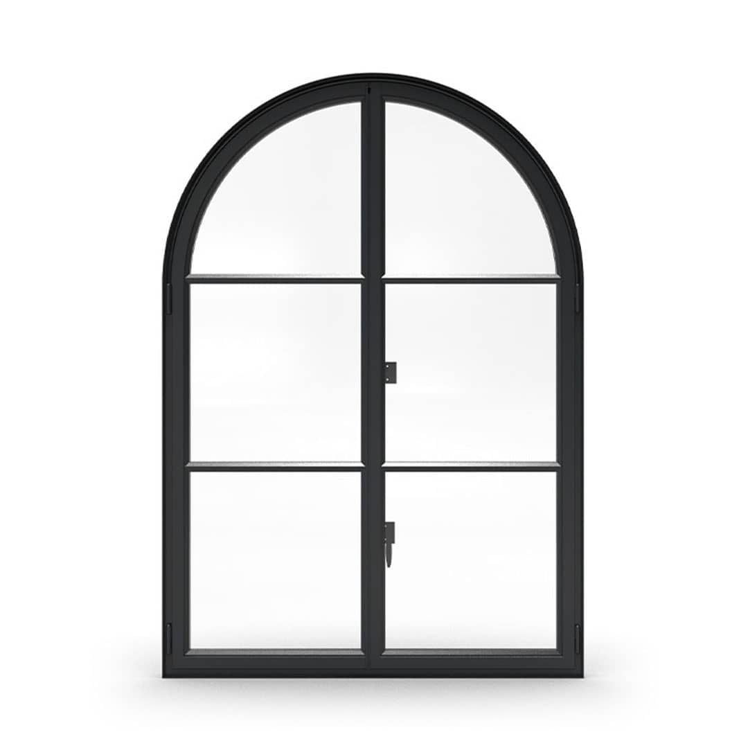 Euroline True Steel arched French casement window in carbon black, shown on white.